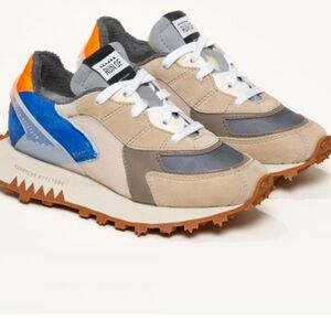 Women's Beige & Blue Retro Runner Sneakers with Orange Accent